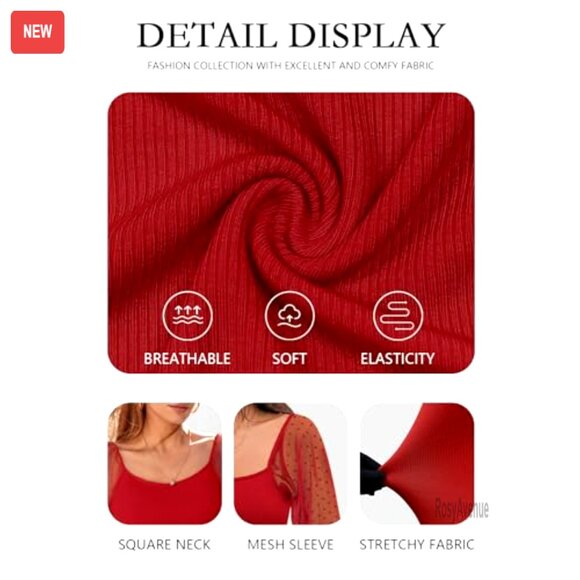 Mesh Long Sleeve Blouse Square Neck Puff Sleeve Stretchy Fabric - Picture 5 of 7